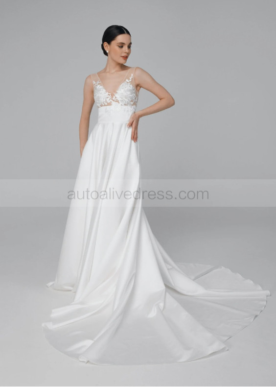 V Neck Ivory Lace Satin Empire Waist Wedding Dress